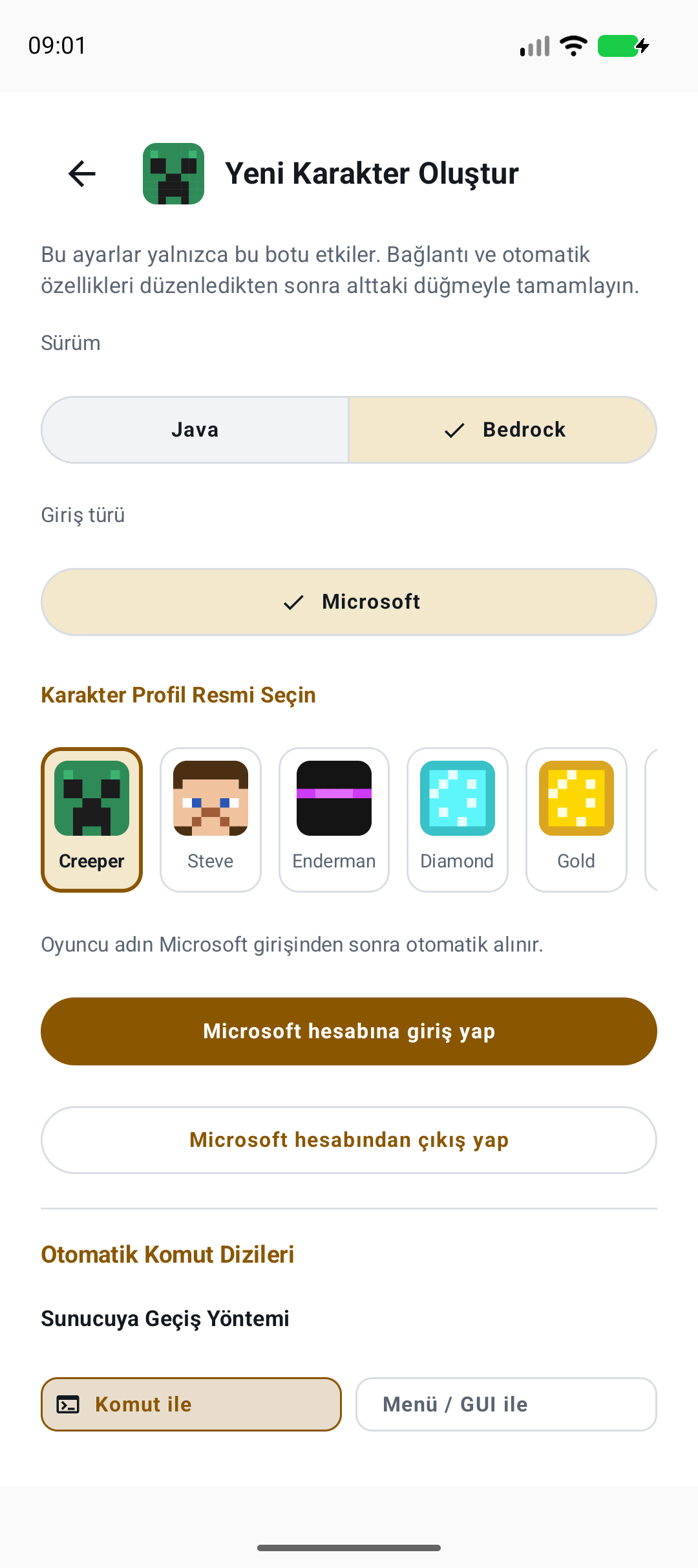 Bedrock hesabını seç — gerçek örnek ayar ekranı