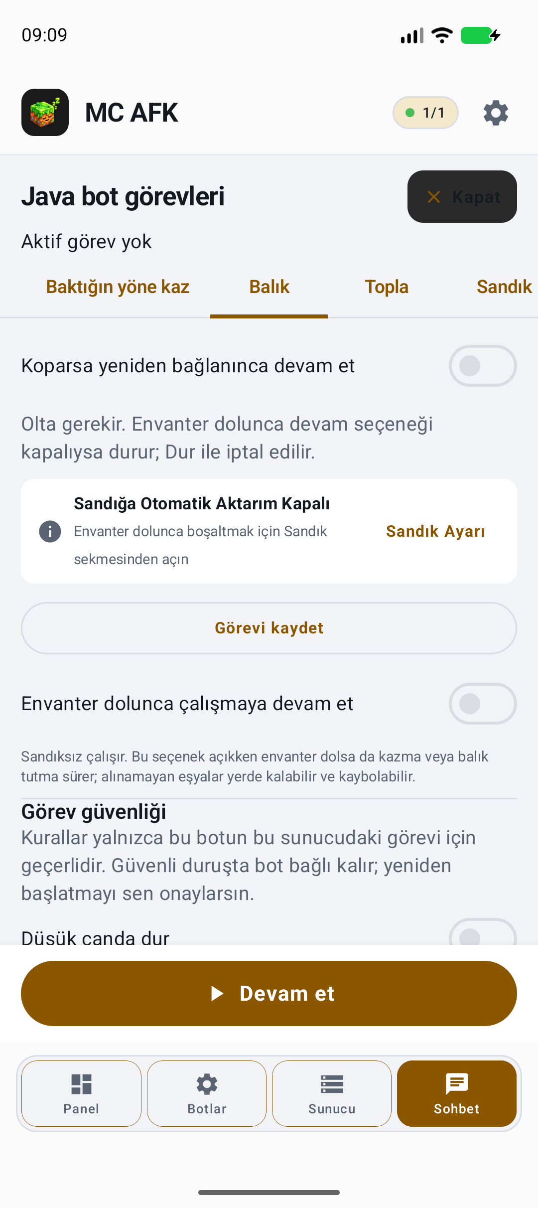 Balık tut — gerçek örnek ayar ekranı