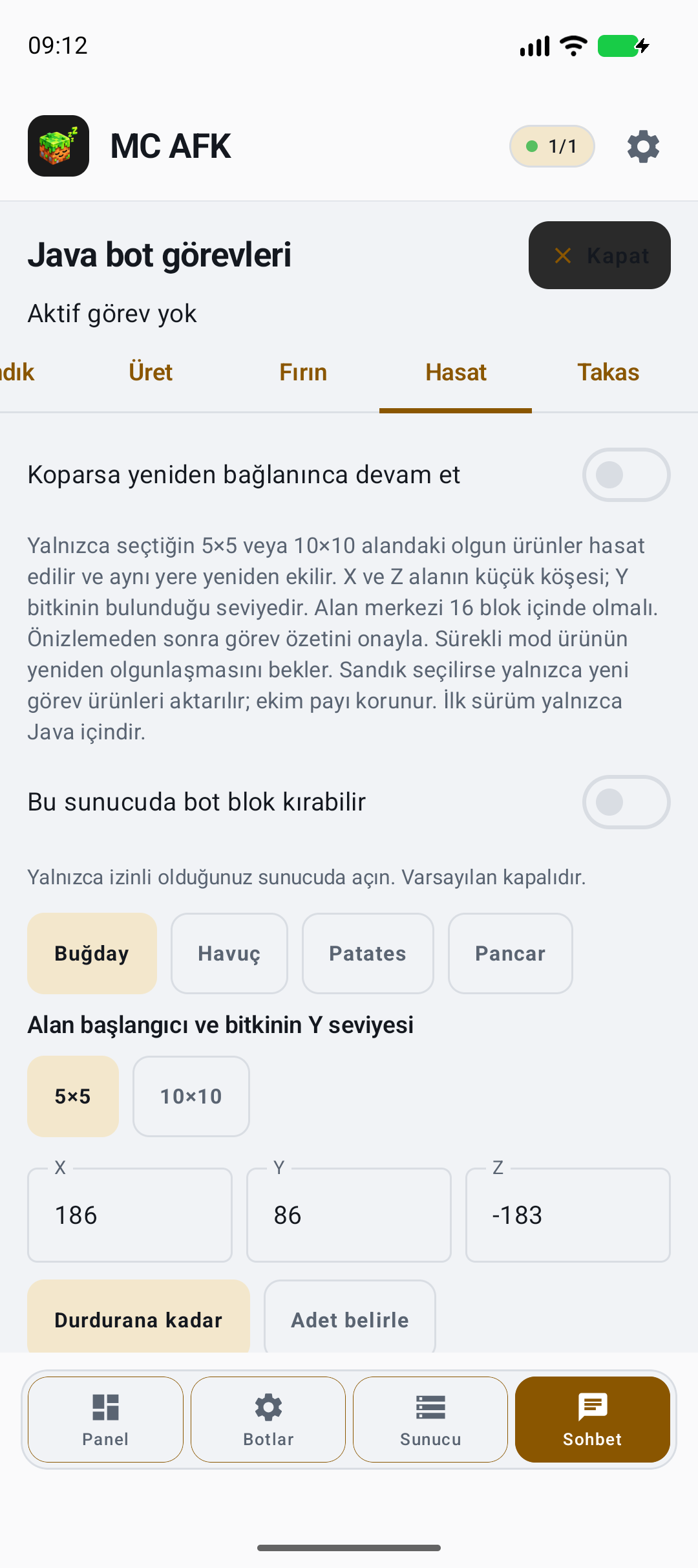 Hasat: olgun ürünü topla ve yeniden ek — gerçek örnek ayar ekranı