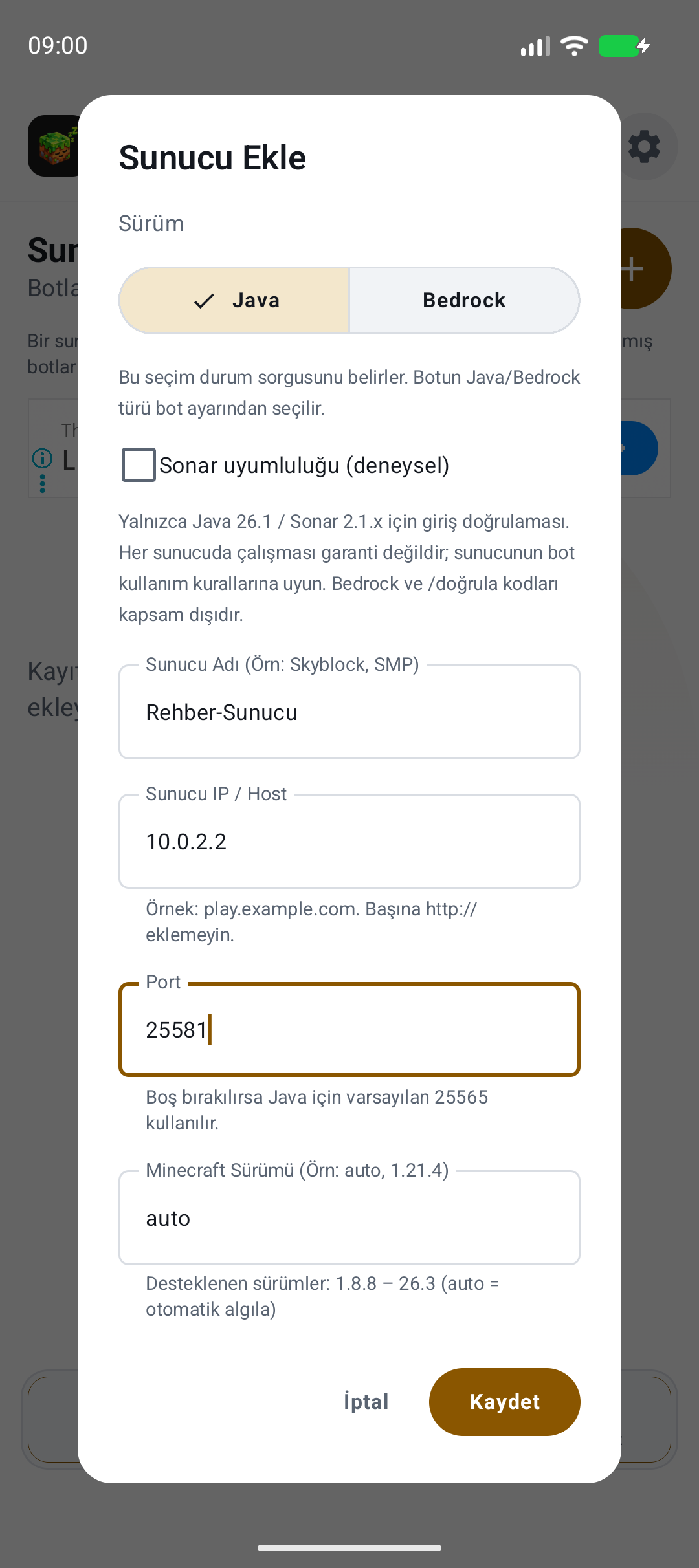 Sunucu ekleme ekranı