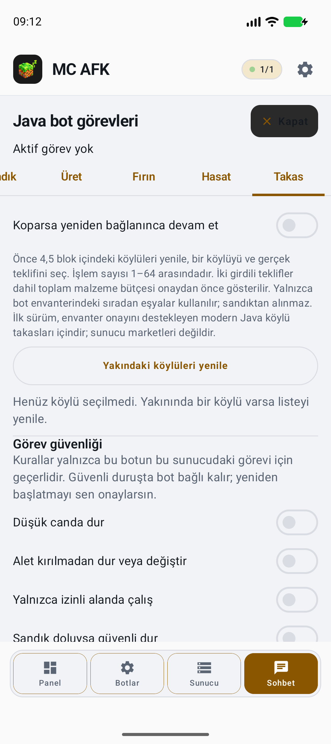 Köylü takası: gerçek teklifi onayla — gerçek örnek ayar ekranı